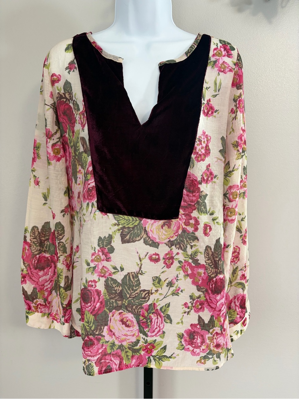 NWOT Aratta Silent Journey Cream Floral Tunic with Burgundy Velvet Bib